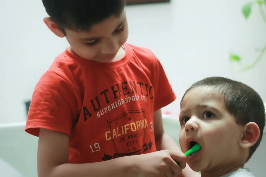 Two young brothers practising toothbrushing together at home