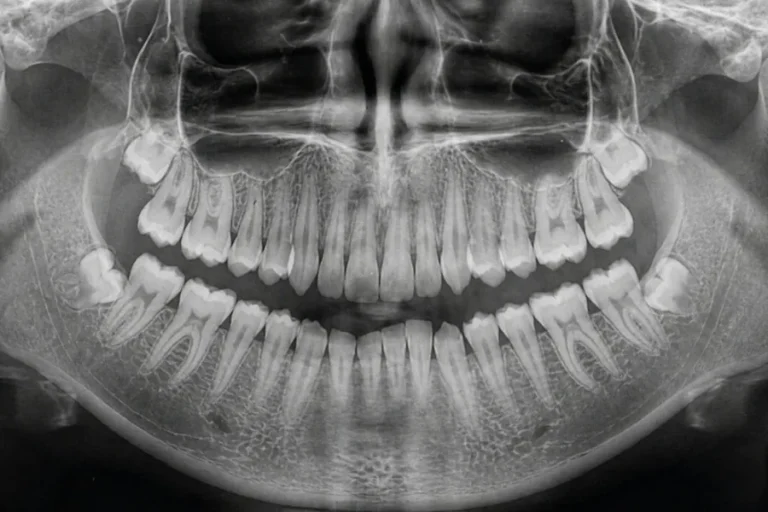 Panoramic dental X-ray of the jaws and teeth used to plan implant treatment