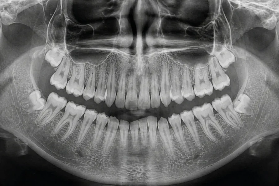 Panoramic dental X-ray of the jaws and teeth used to plan implant treatment